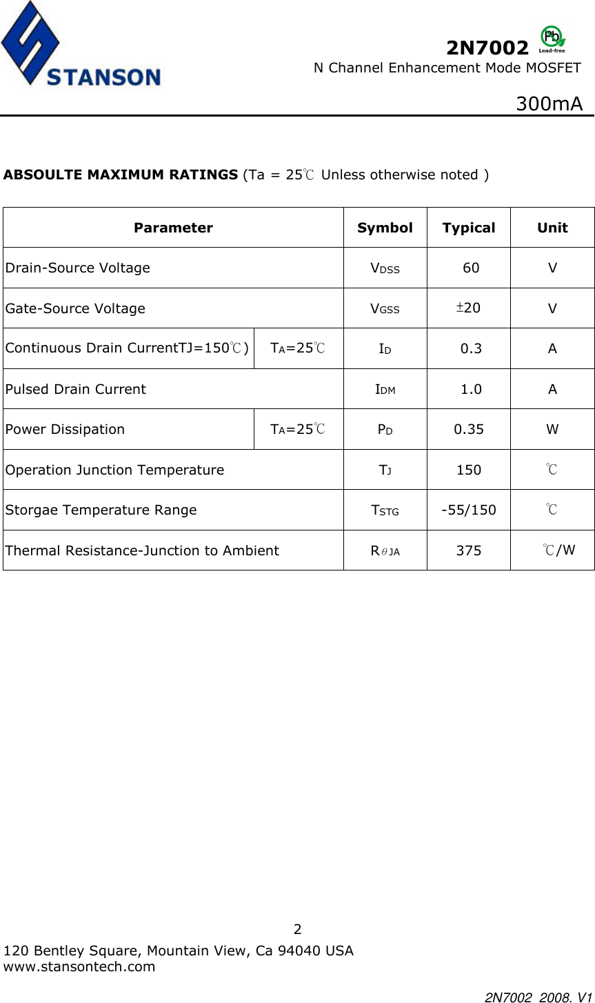 Page 2 of 9 - 2N7002 - Datasheet. Www.s-manuals.com. Stanson