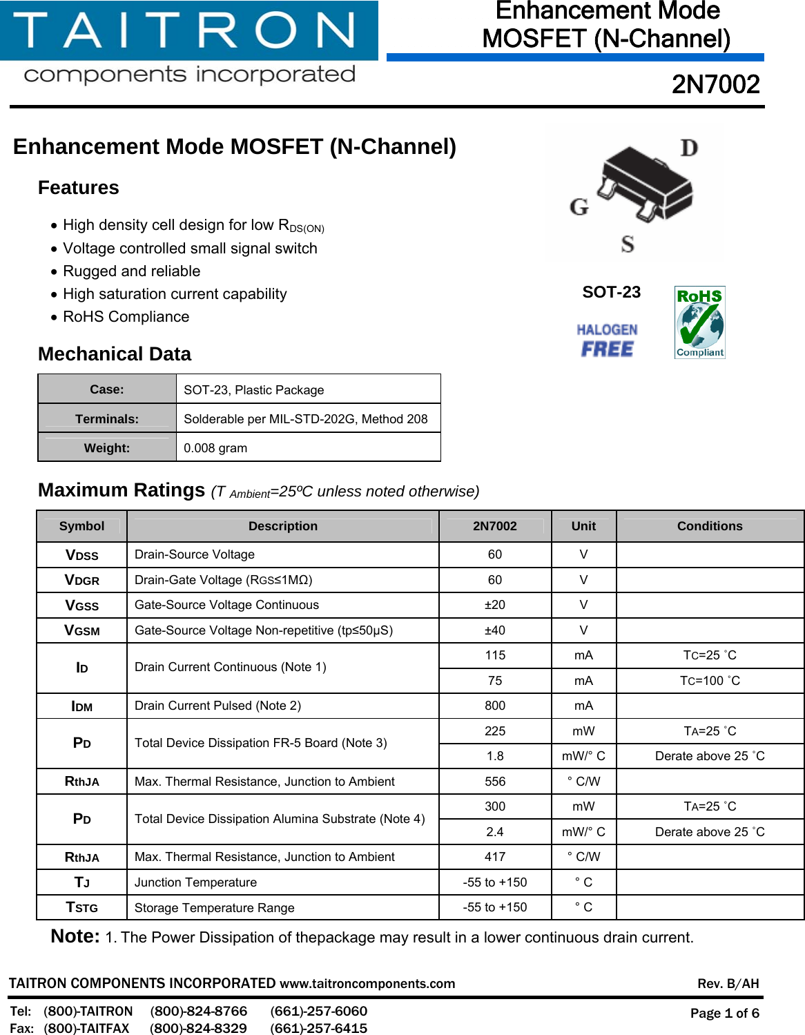 Page 1 of 7 - 2N7002 - Datasheet. Www.s-manuals.com. Taitron