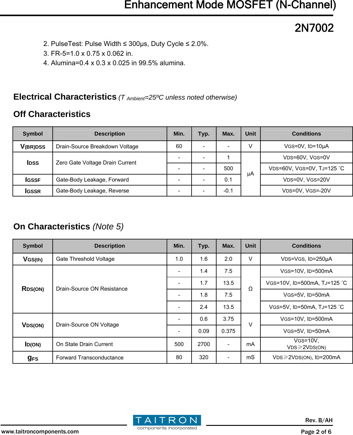 Page 2 of 7 - 2N7002 - Datasheet. Www.s-manuals.com. Taitron