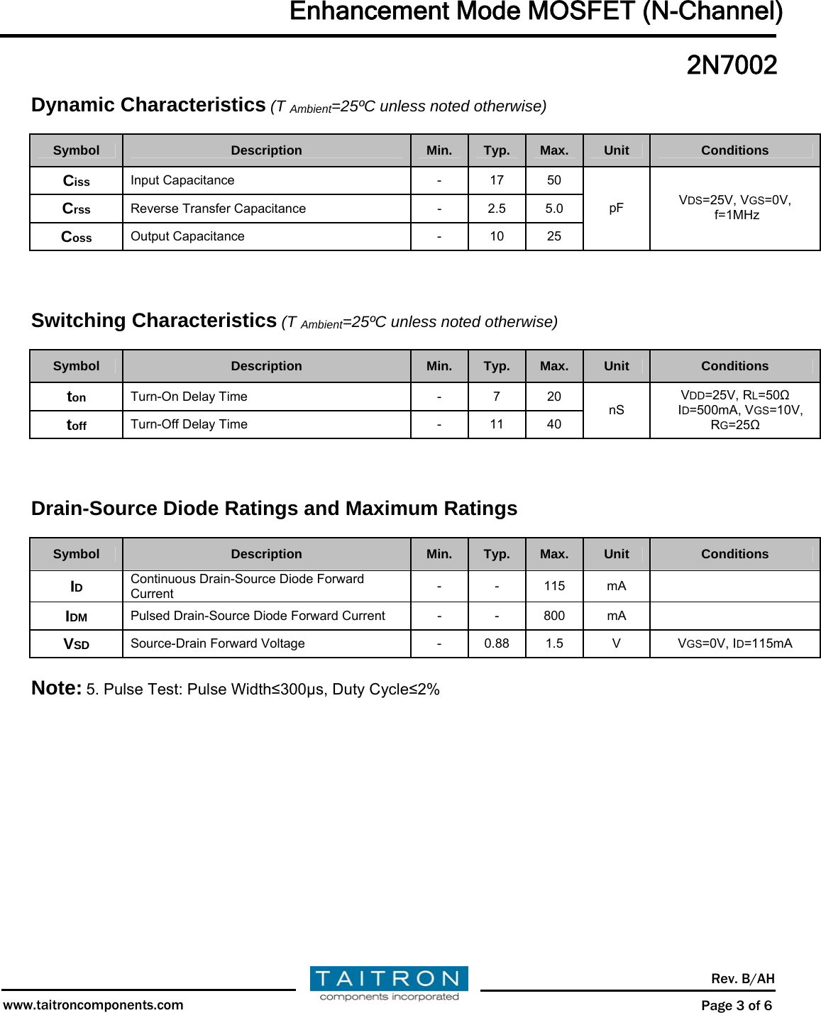 Page 3 of 7 - 2N7002 - Datasheet. Www.s-manuals.com. Taitron