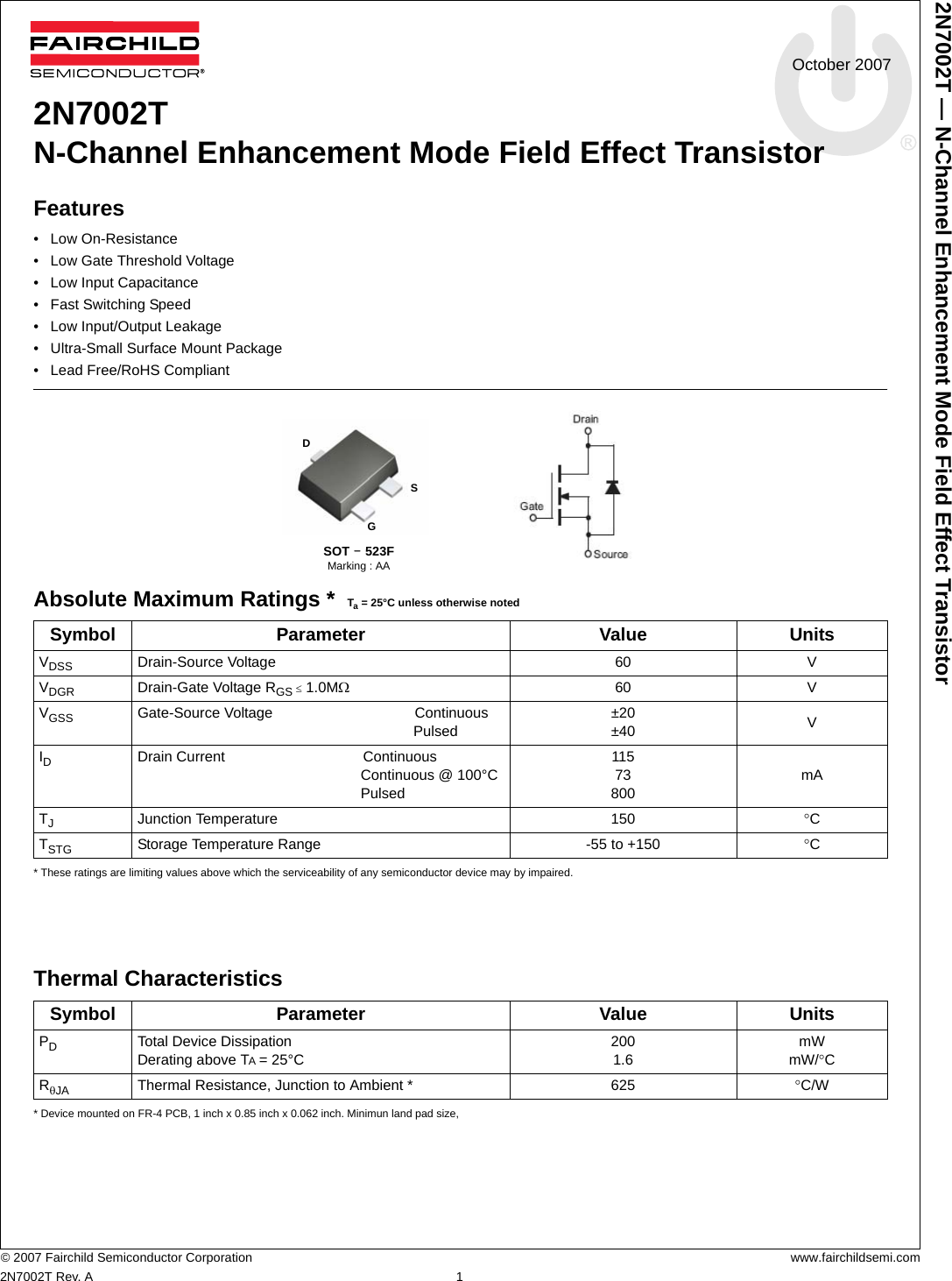 Page 1 of 7 - 2N7002T - Datasheet. Www.s-manuals.com. Fairchild