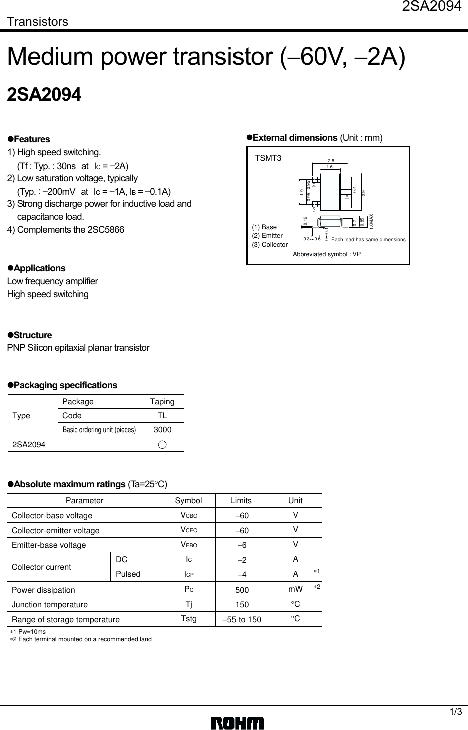 Page 1 of 5 - 2SA2094 - Datasheet. Www.s-manuals.com. Rohm