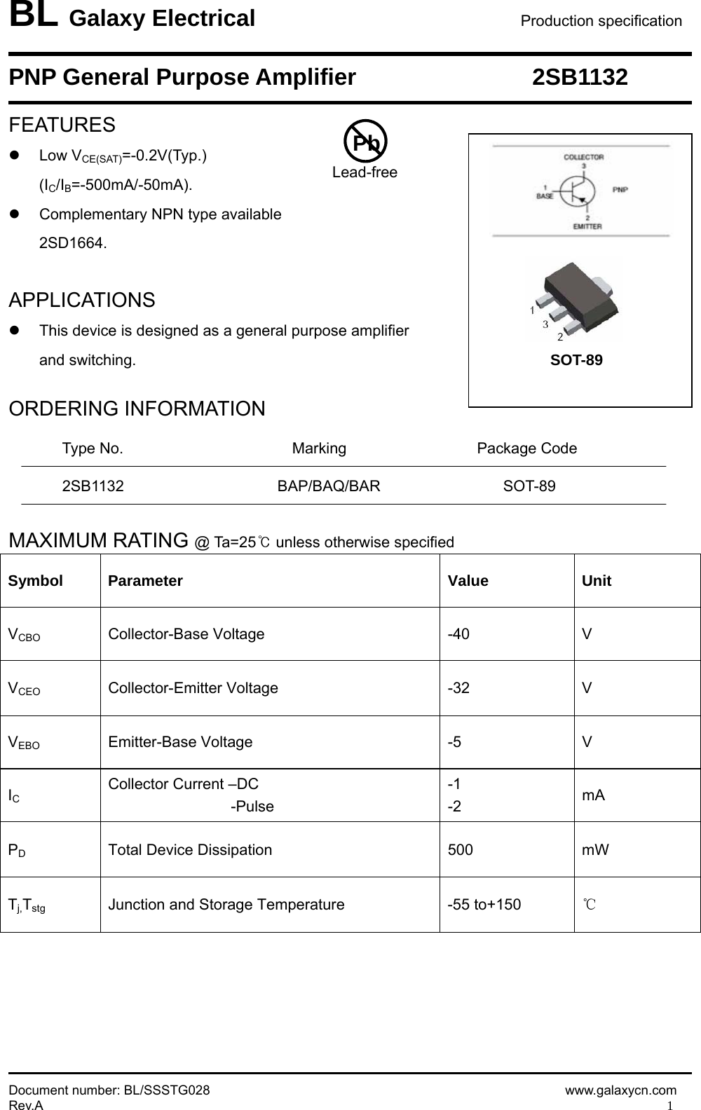 Page 1 of 5 - 2SB1132 - Datasheet. Www.s-manuals.com. Galaxy