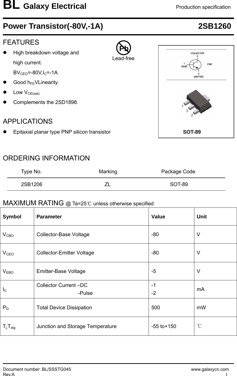 Page 1 of 4 - 2SB1260 - Datasheet. Www.s-manuals.com. Galaxy