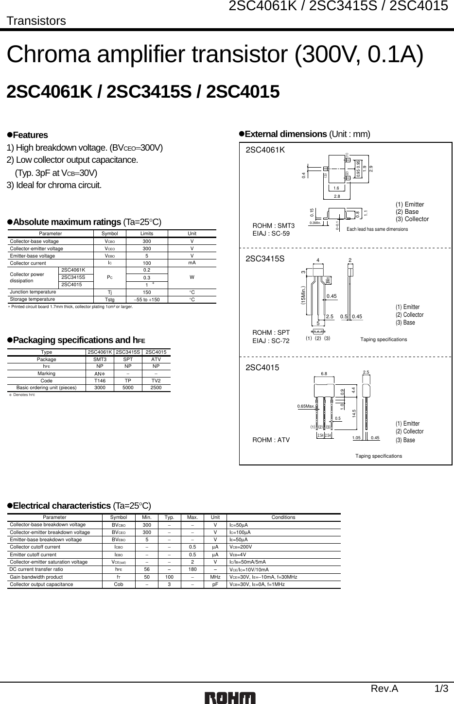 Page 1 of 5 - 2SC3415S, 2SC4015, 2SC4061K - Datasheet. Www.s-manuals.com. 2sc4061k, 2sc4015 Rohm