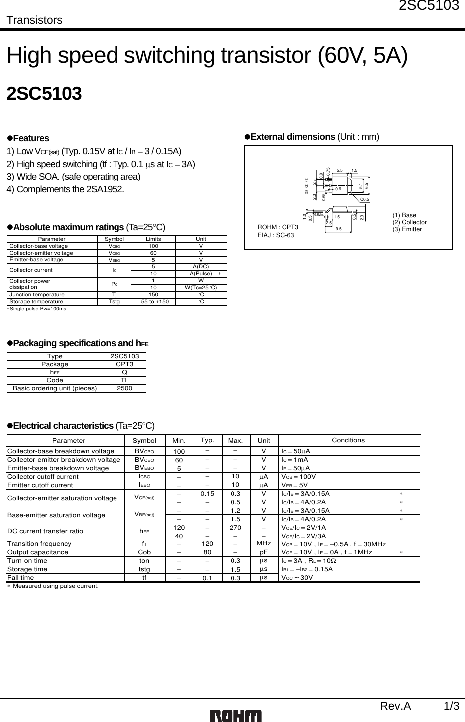 Page 1 of 5 - 2SC5103 - Datasheet. Www.s-manuals.com. Rohm