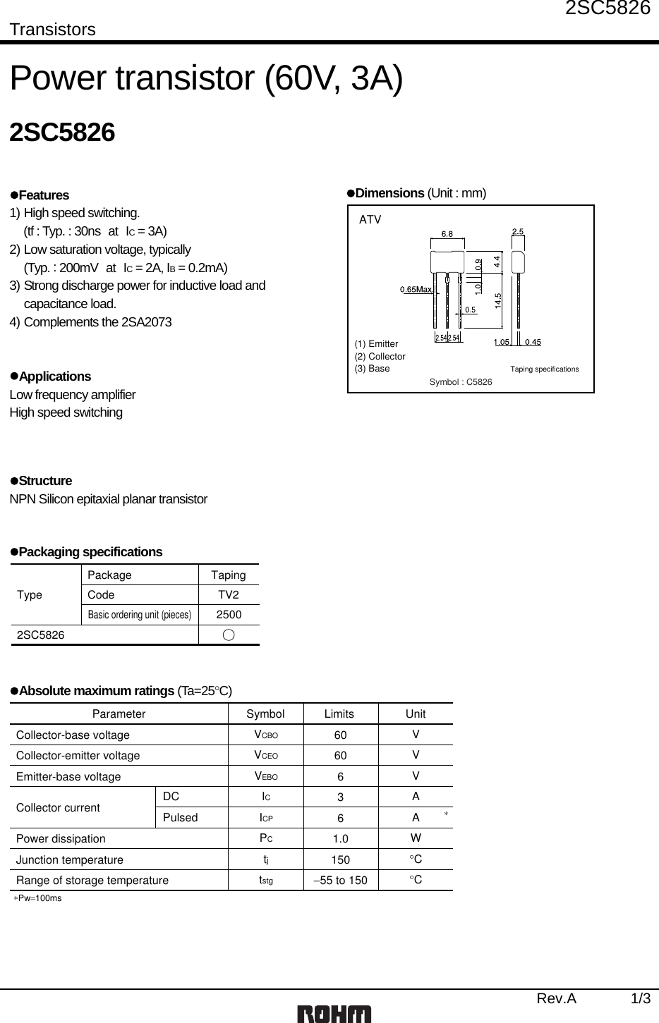 Page 1 of 5 - 2SC5826 - Datasheet. Www.s-manuals.com. Rohm