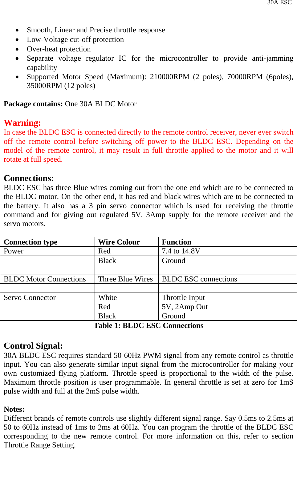 Page 2 of 9 - 30A BLDC ESC Product Manual 2012-06-08