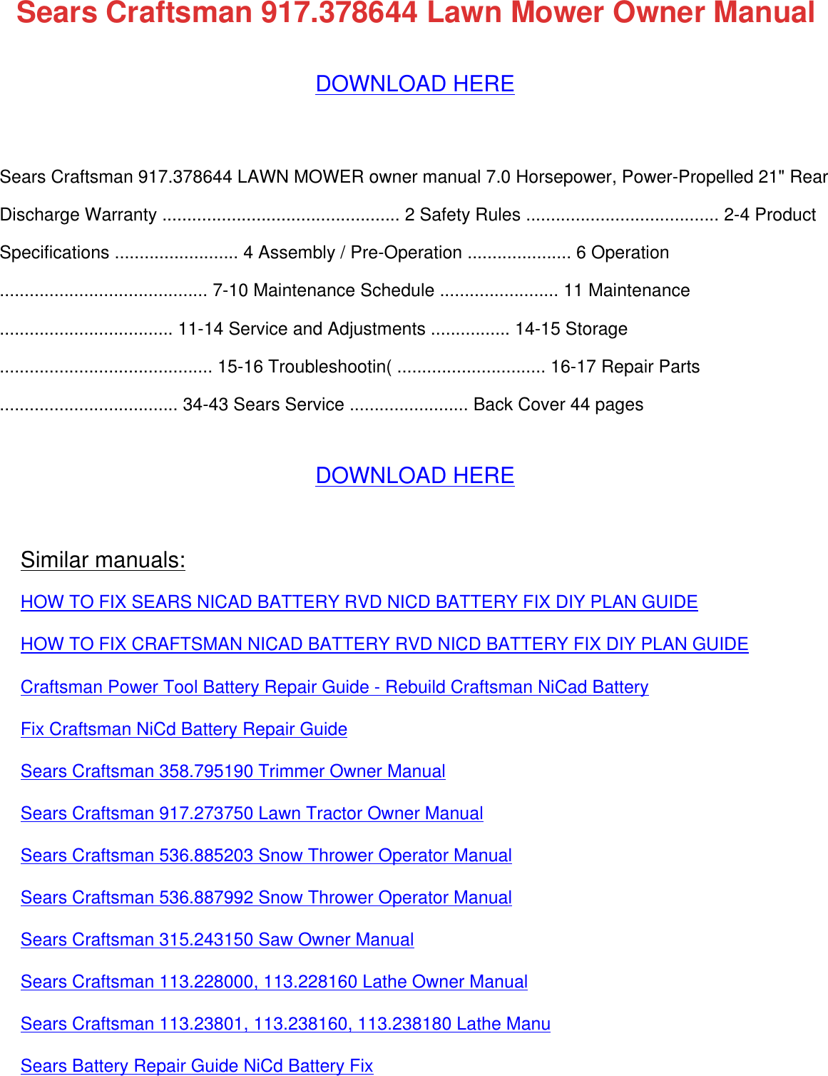 32066865 Sears Craftsman 917378644 Lawn Mower Owner Manual