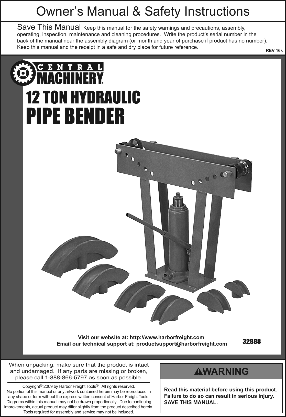Page 1 of 12 - Manual For The 32888 12 Ton Hydraulic Pipe Bender