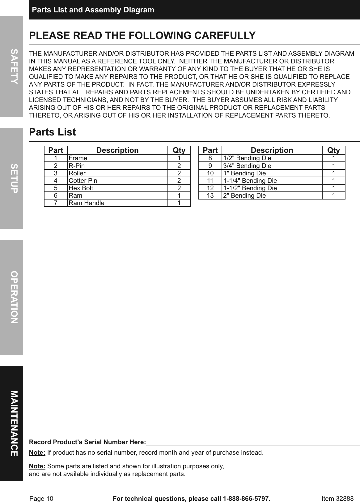 Page 10 of 12 - Manual For The 32888 12 Ton Hydraulic Pipe Bender