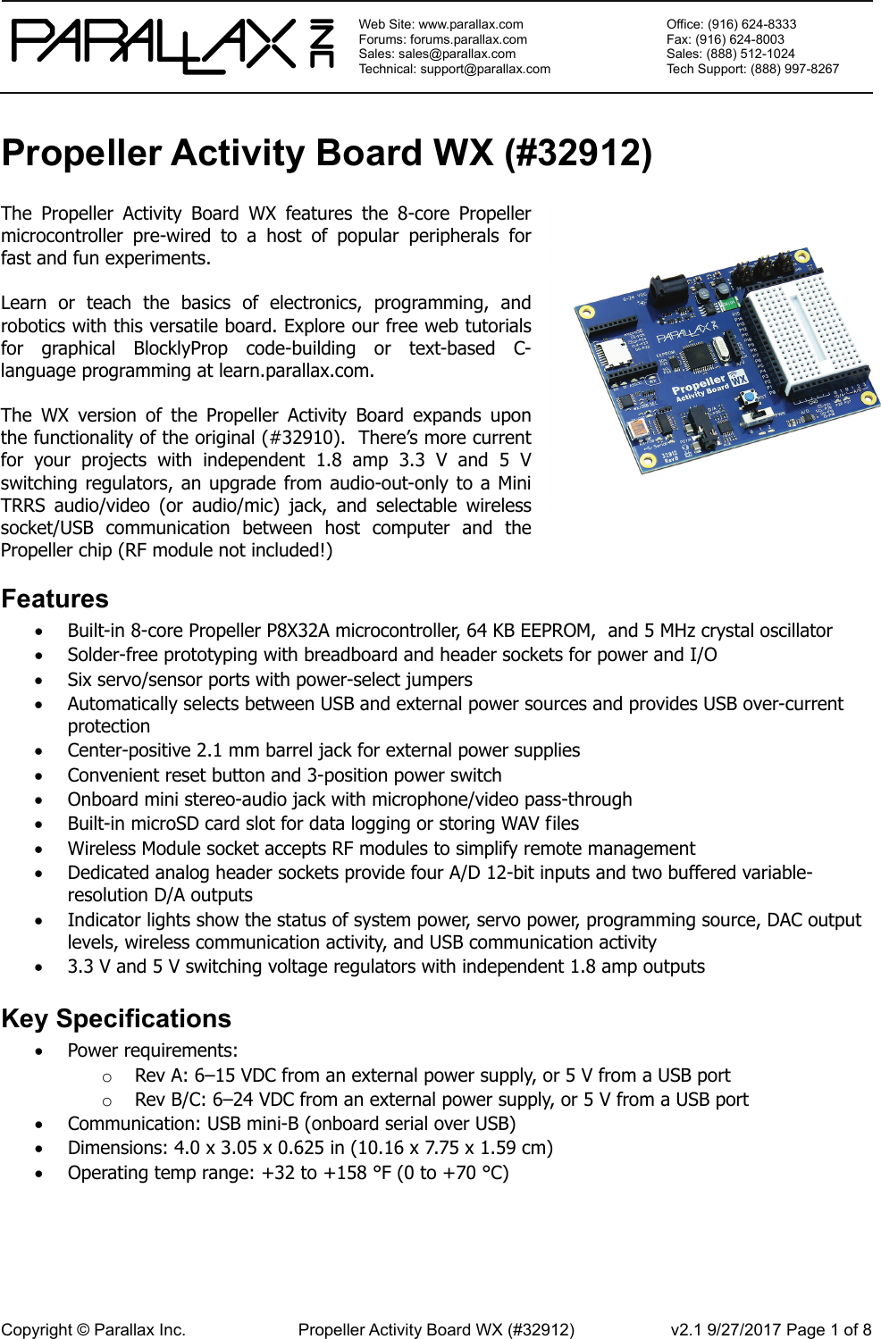 Page 1 of 8 - Propeller Activity Board WX (#32912) Product Guide Version 2.1 32912-propeller-activity-board-wx-guide-v21