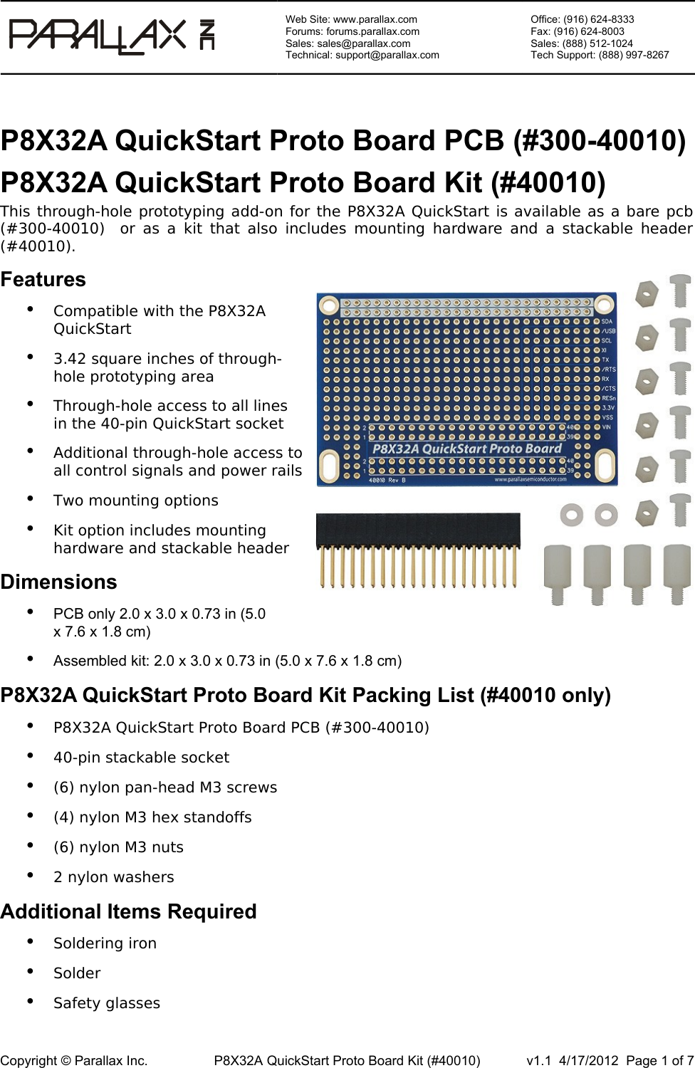 Page 1 of 7 - P8X32A QuickStart Proto Board PCB (#300-40010) And Kit (#40010) 40010-p8x32aquickstartprotoboardkitdocv1.1
