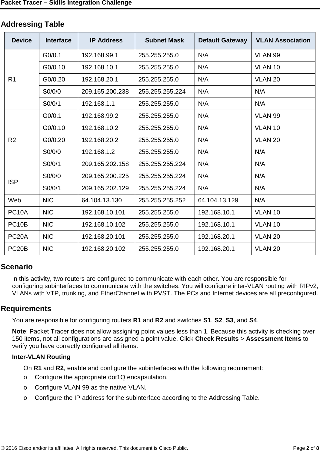 Page 2 of 8 - 4.4.1.2 Packet Tracer - Skills Integration Challenge Instructions