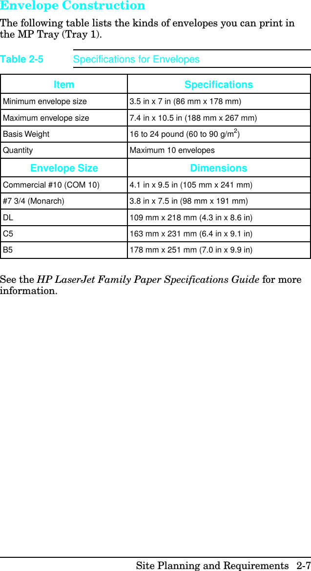 Hp Envelope Size Chart