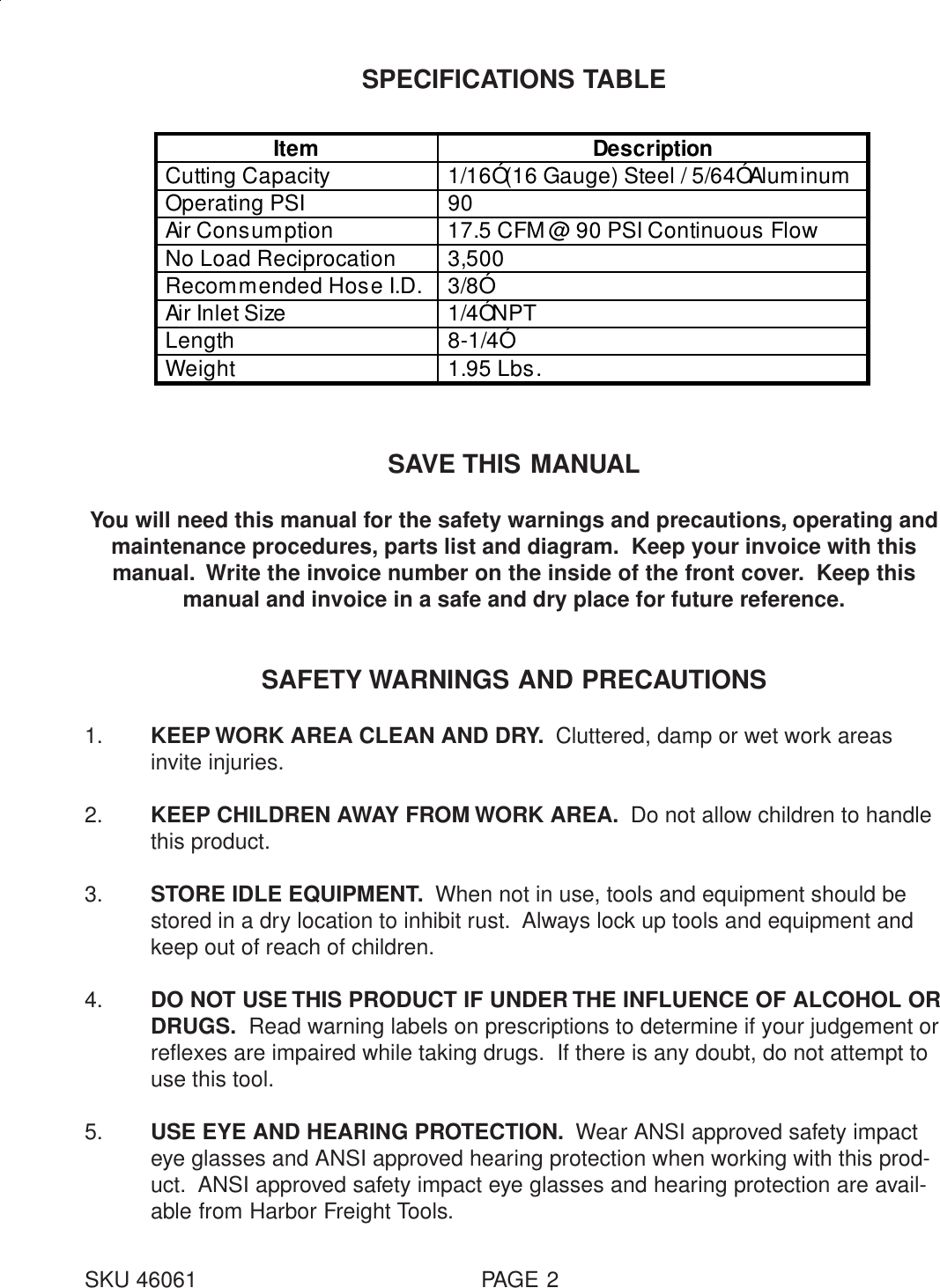 Page 2 of 8 - 46061  Manual For The 16 Gauge Air Nibbler