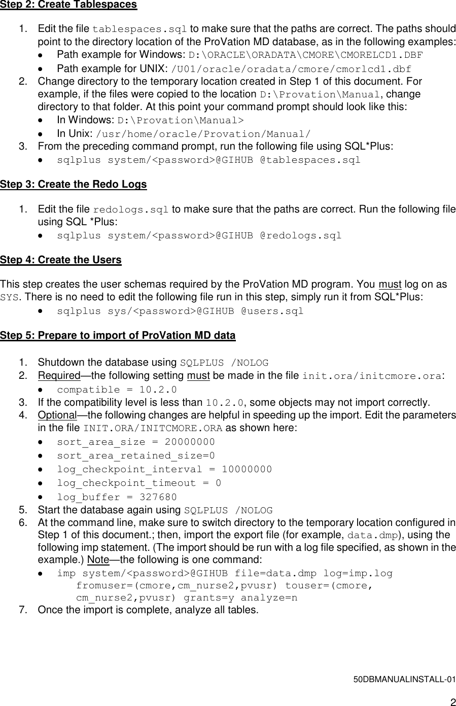 Page 2 of 3 - ProVation MD Manual Database Install Instructions 5.0.X Installation