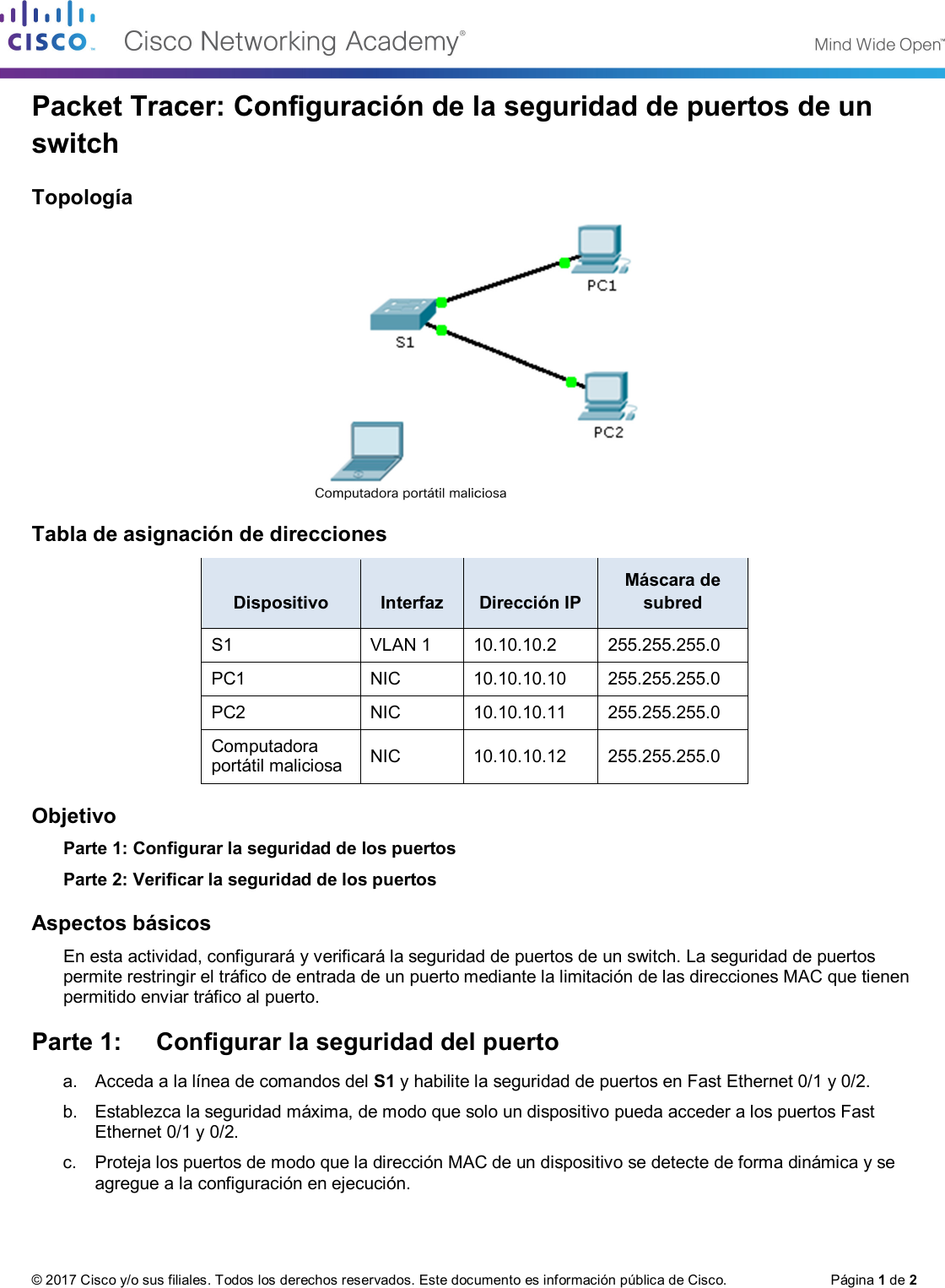 Page 1 of 2 - 5.2.2.7 Packet Tracer - Configuring Switch Port Security Instructions