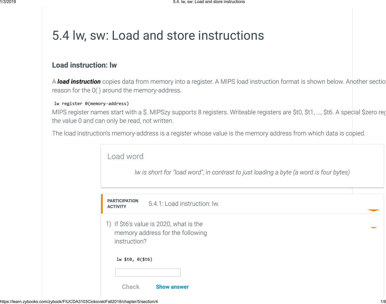 5.4. Lw, Sw Load And Store Instructions