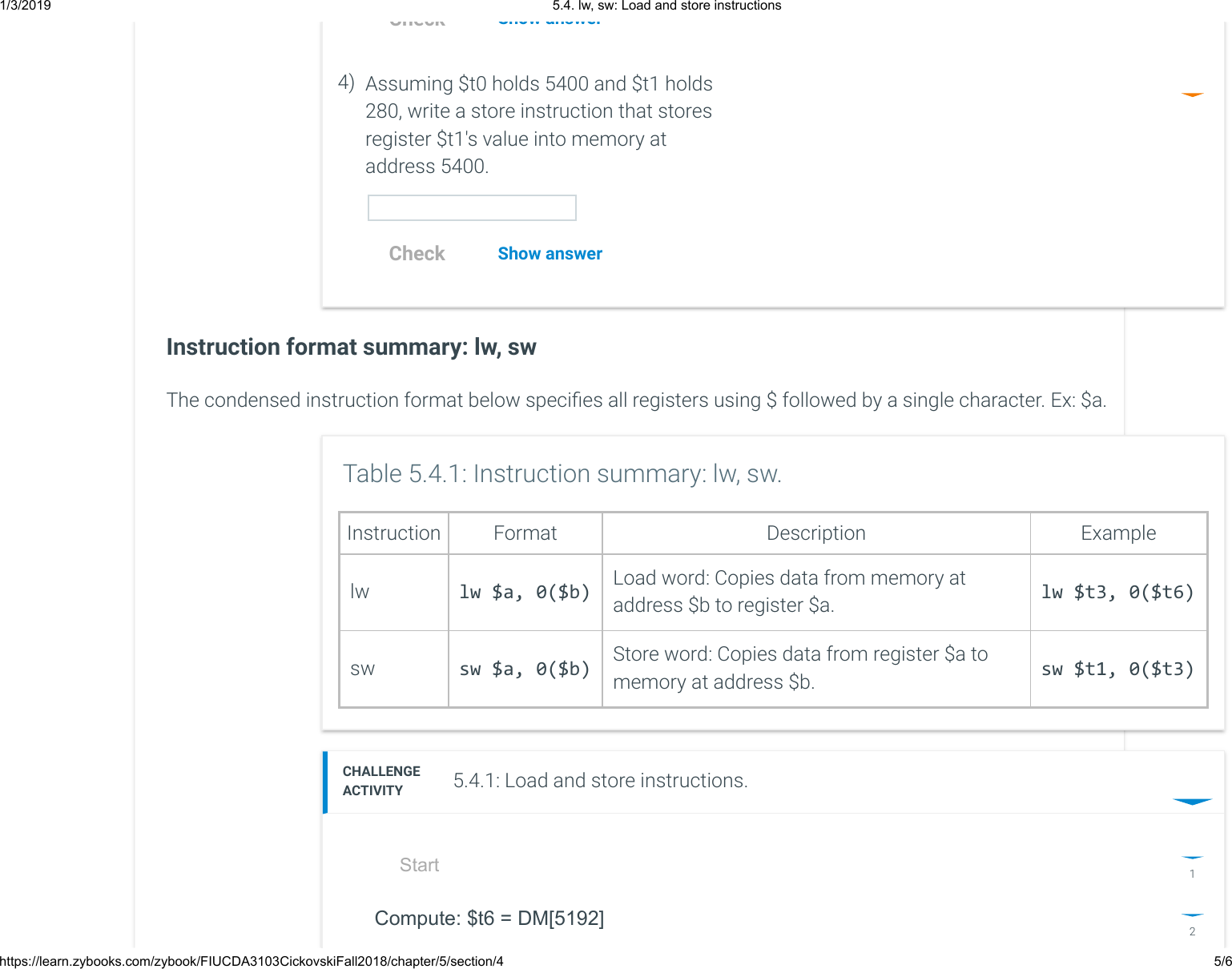 Page 5 of 6 - 5.4. Lw, Sw Load And Store Instructions