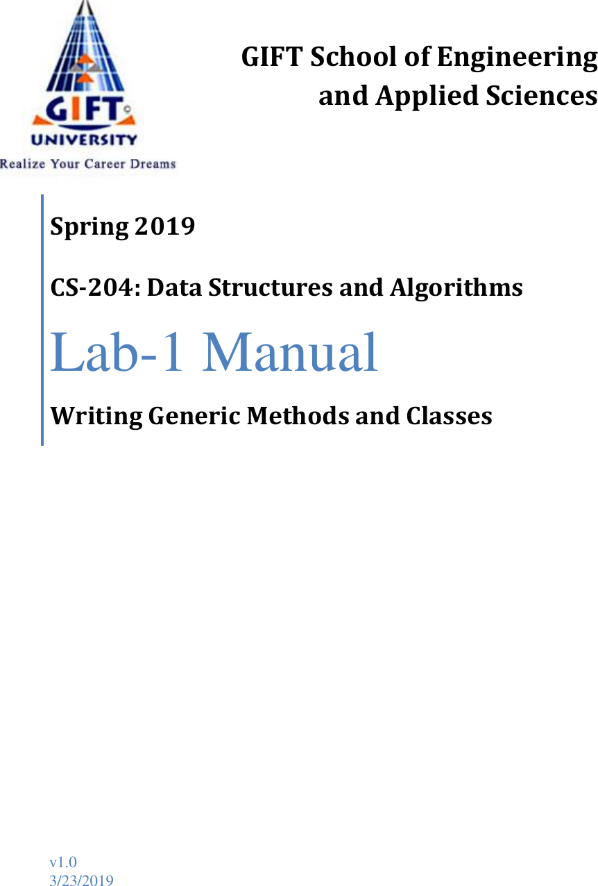 Page 1 of 6 - Lab-1 Manual [Lab-1 Manual] CS-204-DSA - Writing Generic Methods And Classes