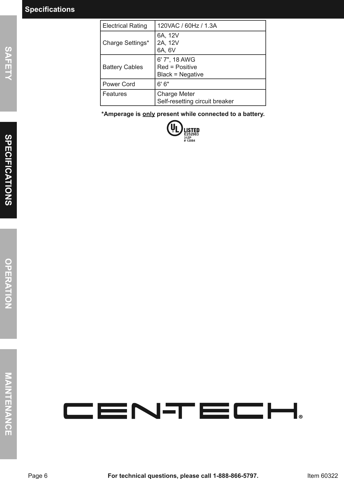 Manual For The 60322 2/6 Amp, 6/12 Volt Battery Charger