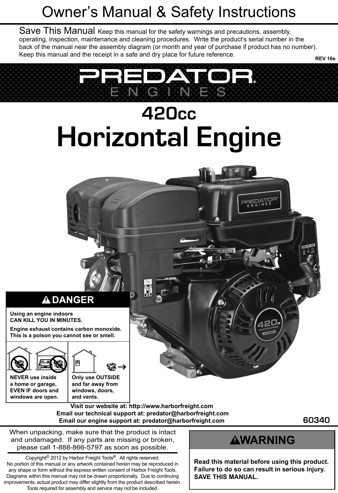 Manual For The 60340 420 Cc OHV Horizontal Shaft Gas Engine