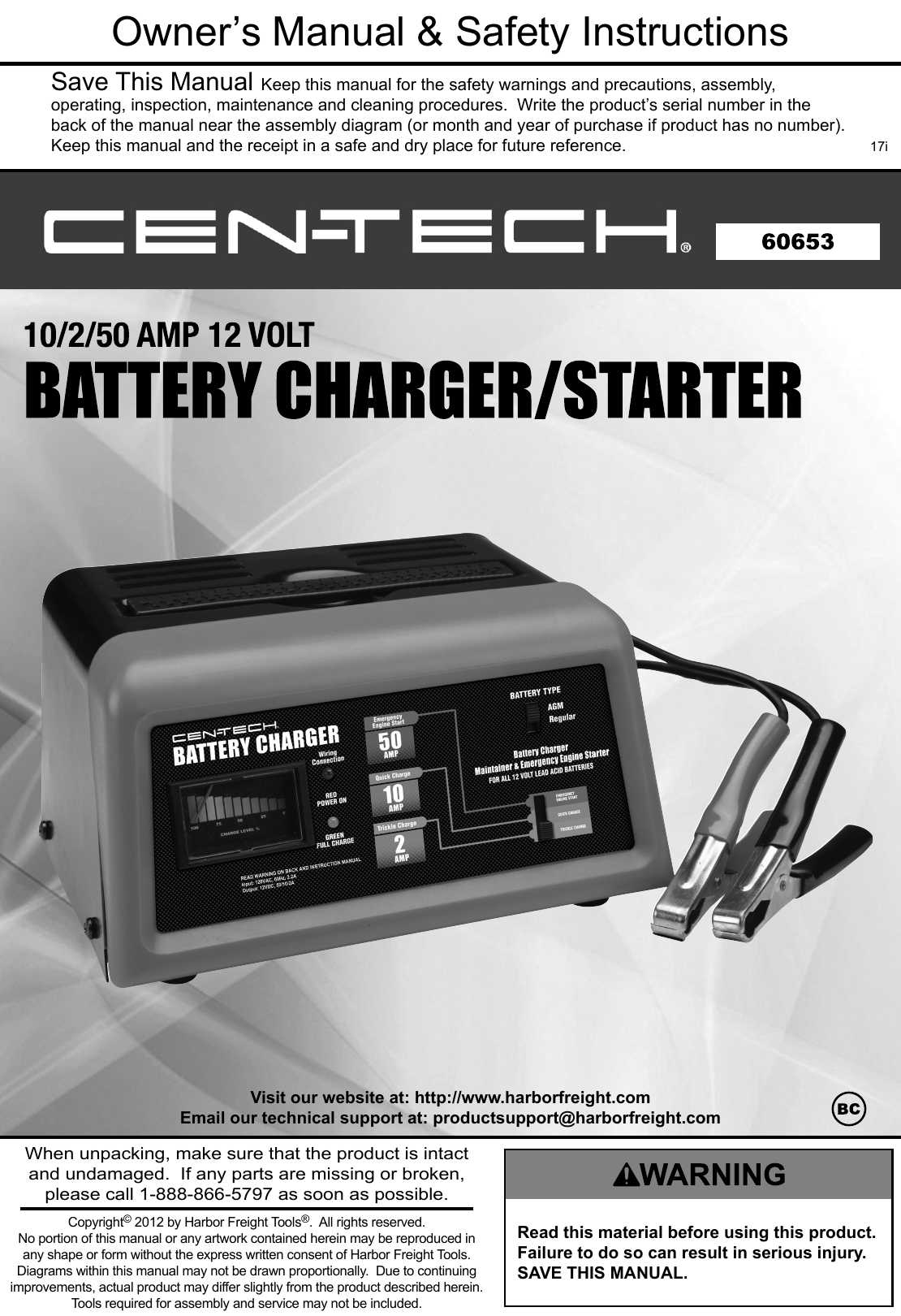 Manual For The 60653 Battery Charger And Engine Starter, 10/2/50 Amp, 12  Volt
