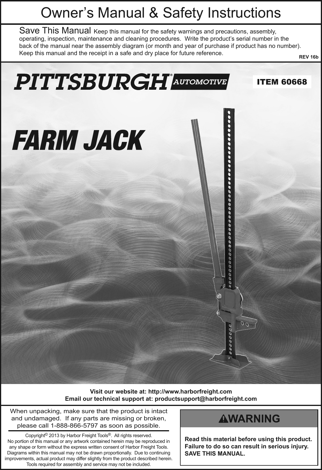 Page 1 of 8 - Manual For The 60668 42 In. High Lift Farm Jack