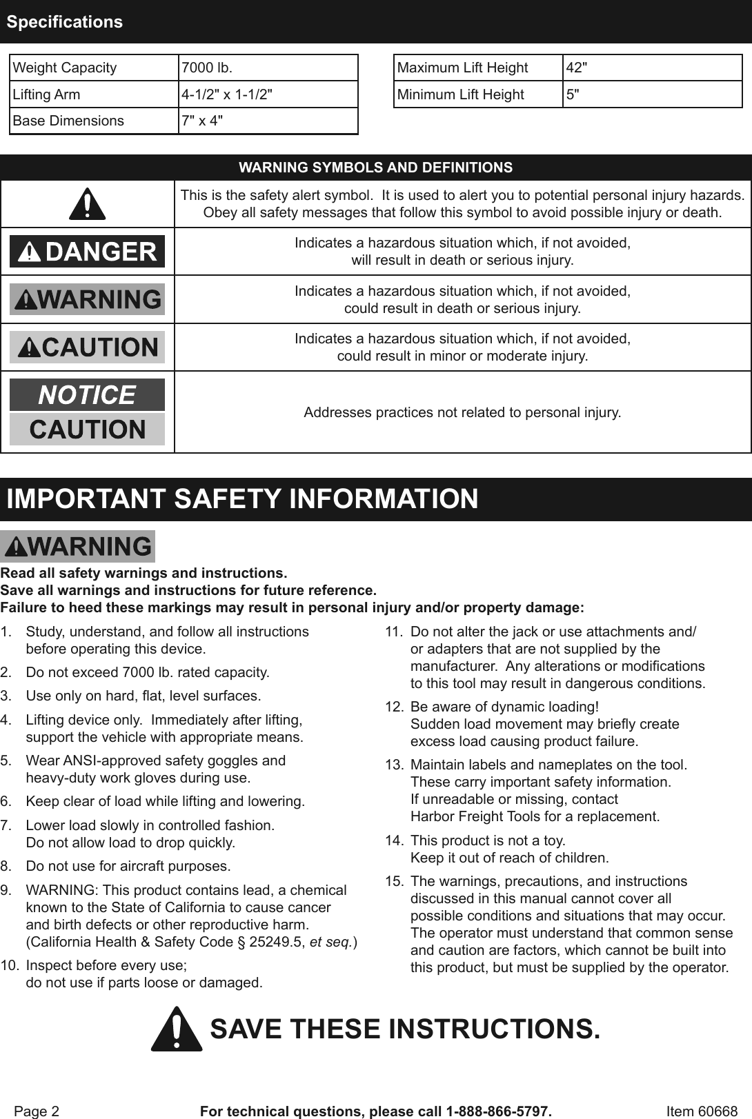Page 2 of 8 - Manual For The 60668 42 In. High Lift Farm Jack