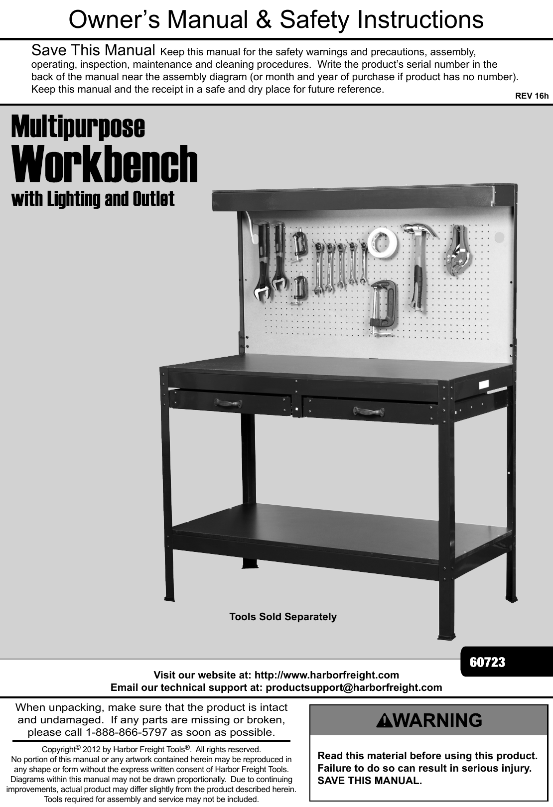 Page 1 of 12 - Manual For The 60723 Multipurpose Workbench With Cabinet Light