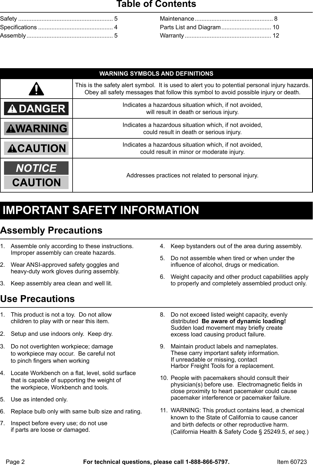 Page 2 of 12 - Manual For The 60723 Multipurpose Workbench With Cabinet Light