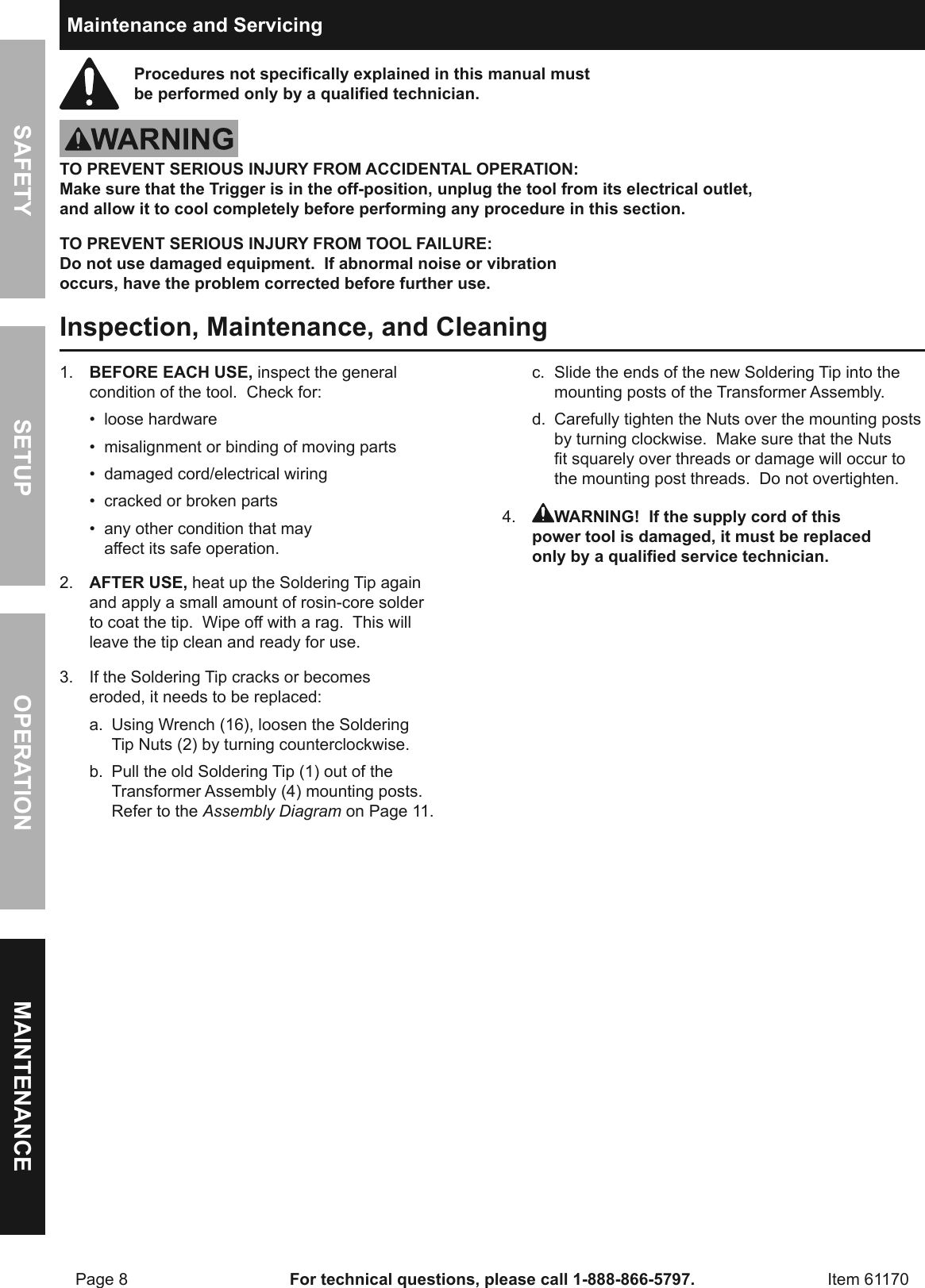 Page 8 of 12 - Manual For The 61170 180 Watt Industrial Soldering Gun