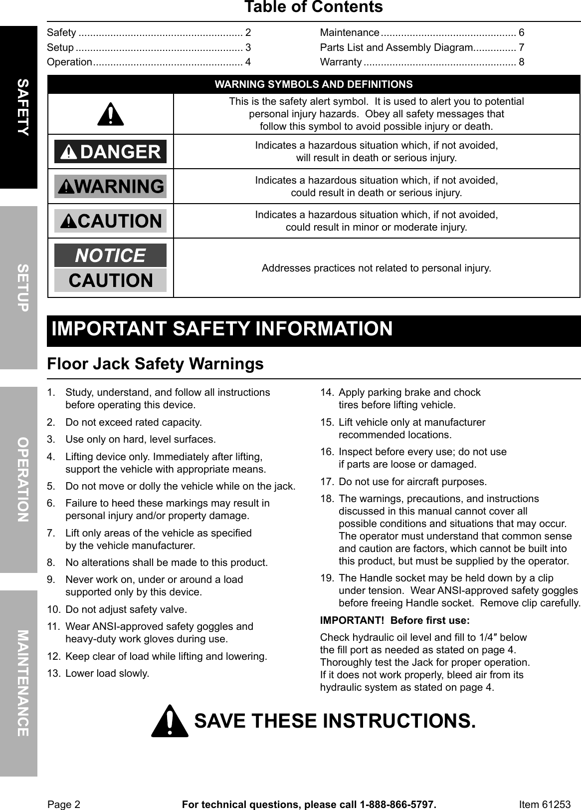 Page 2 of 8 - Manual For The 61253 3 Ton Low Profile Steel Heavy Duty Floor Jack With Rapid Pump®