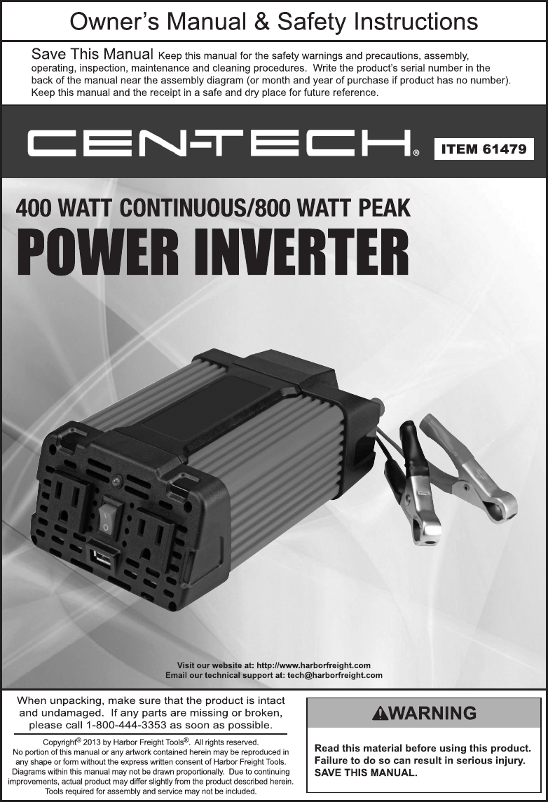 Manual For The 61479 400 Watt Continuous/800 Peak Power Inverter