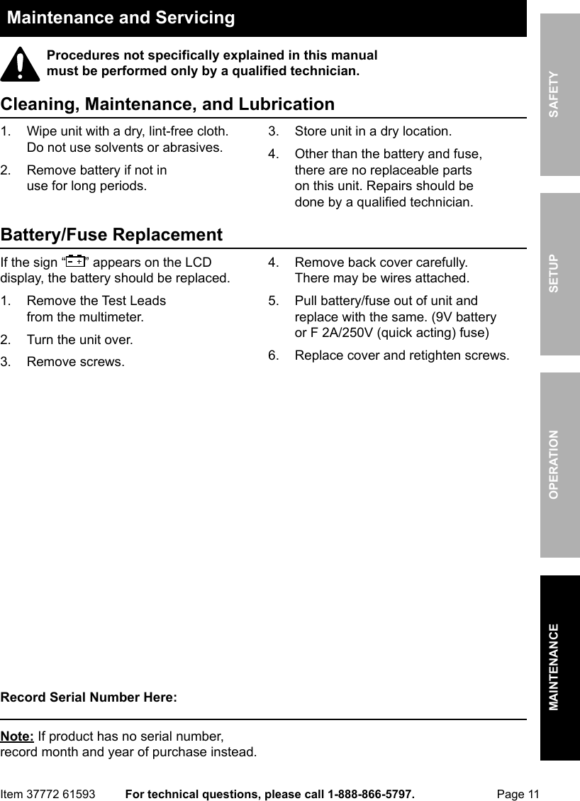 Page 11 of 12 - Manual For The 61593 11 Function Digital Multimeter With Audible Continuity