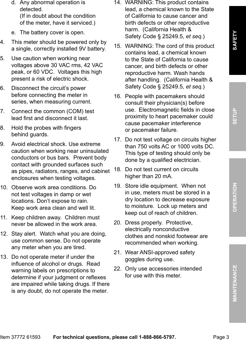 Page 3 of 12 - Manual For The 61593 11 Function Digital Multimeter With Audible Continuity