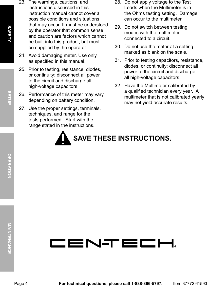 Page 4 of 12 - Manual For The 61593 11 Function Digital Multimeter With Audible Continuity