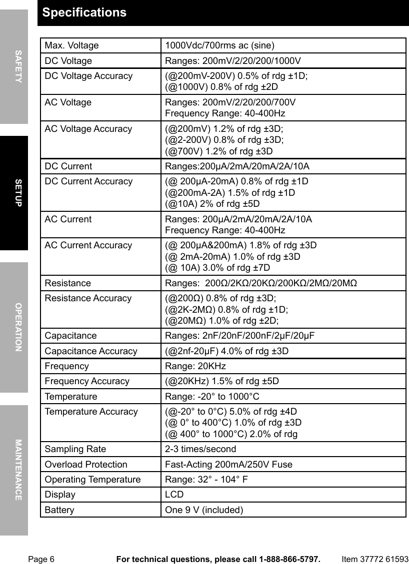 Page 6 of 12 - Manual For The 61593 11 Function Digital Multimeter With Audible Continuity