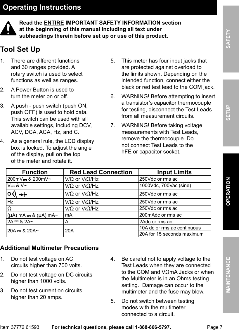 Page 7 of 12 - Manual For The 61593 11 Function Digital Multimeter With Audible Continuity