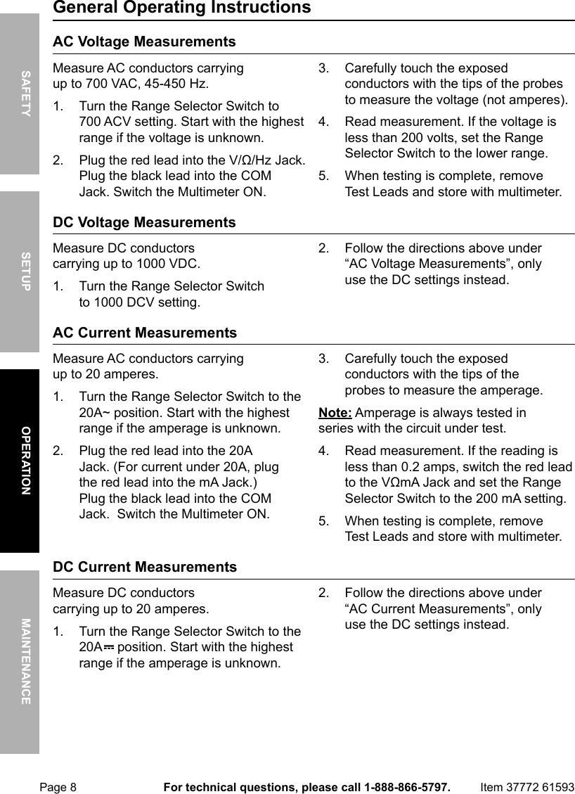 Page 8 of 12 - Manual For The 61593 11 Function Digital Multimeter With Audible Continuity