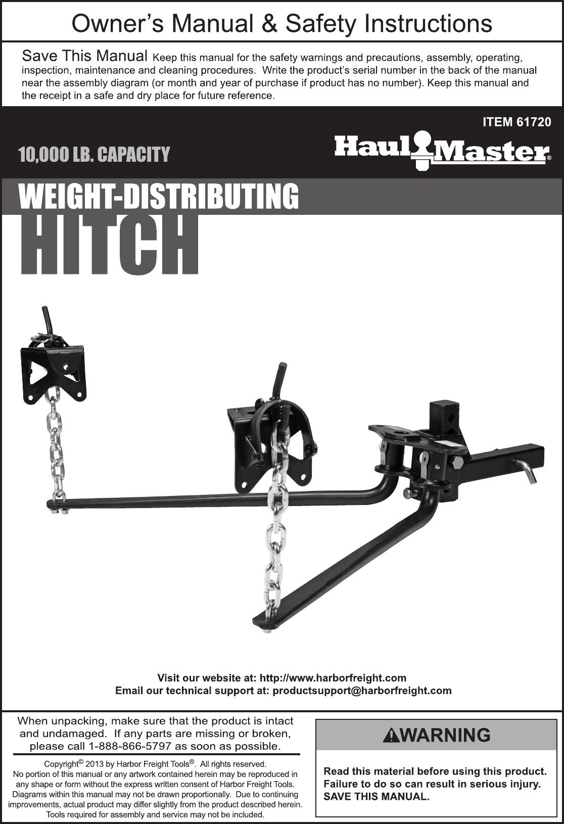 Manual For The 61720 10000 Lb. Capacity Weight Distributing Hitch