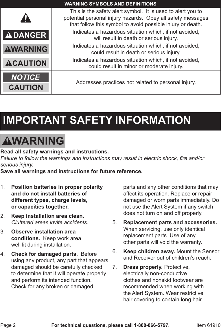 Page 2 of 8 - Manual For The 61910 Wireless Security Alert System