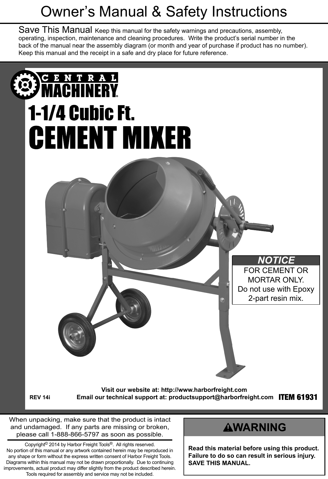 Manual For The 61931 1 1/4 Cubic Ft. Cement Mixer