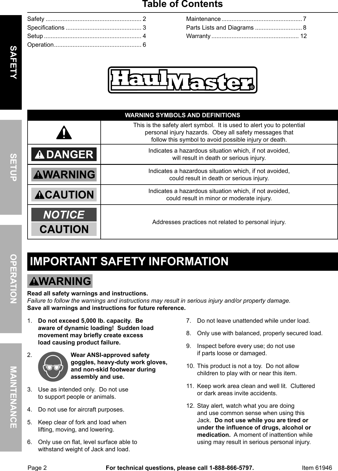 Page 2 of 12 - Manual For The 61946 2.5 Ton Pallet Jack