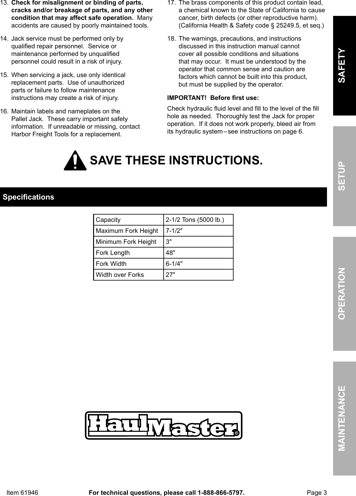 Page 3 of 12 - Manual For The 61946 2.5 Ton Pallet Jack