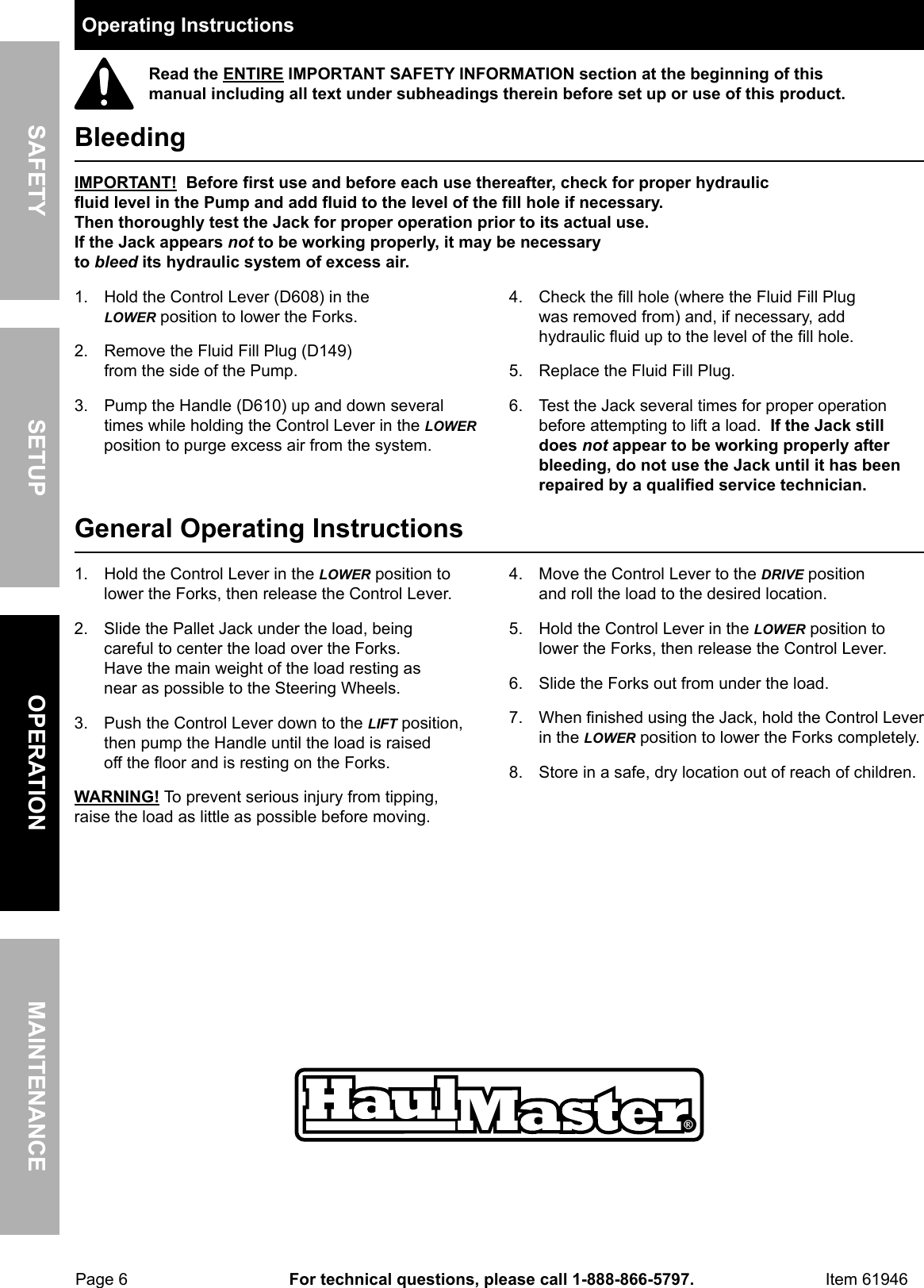 Page 6 of 12 - Manual For The 61946 2.5 Ton Pallet Jack