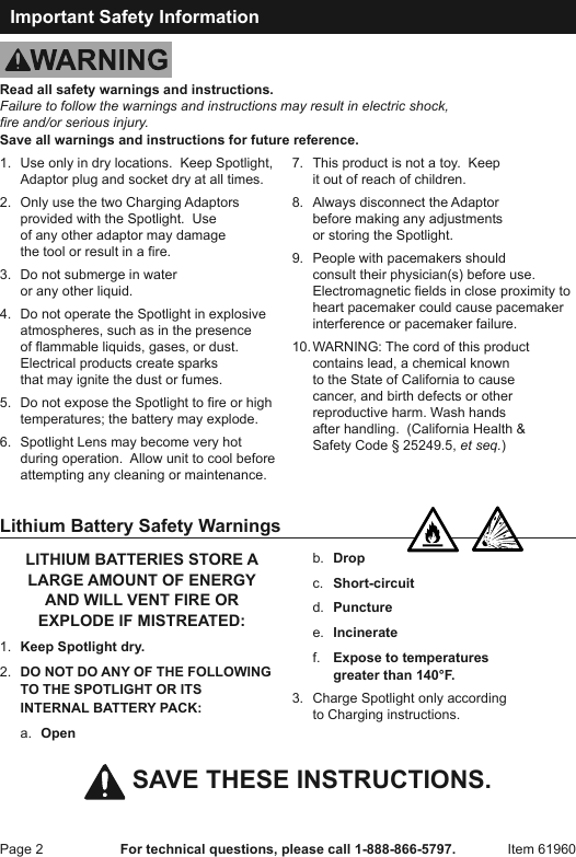 Page 2 of 4 - Manual For The 61960 3 Watt LED Rechargeable Cordless Spotlight