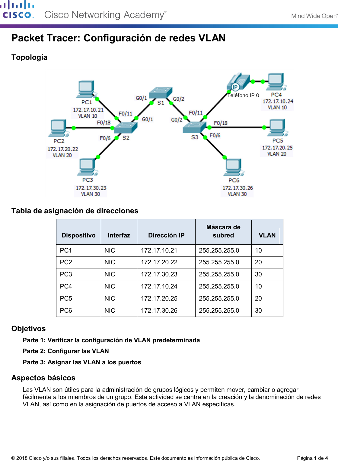 Page 1 of 4 - 6.2.1.7 Packet Tracer - Configuring VLANs Instructions