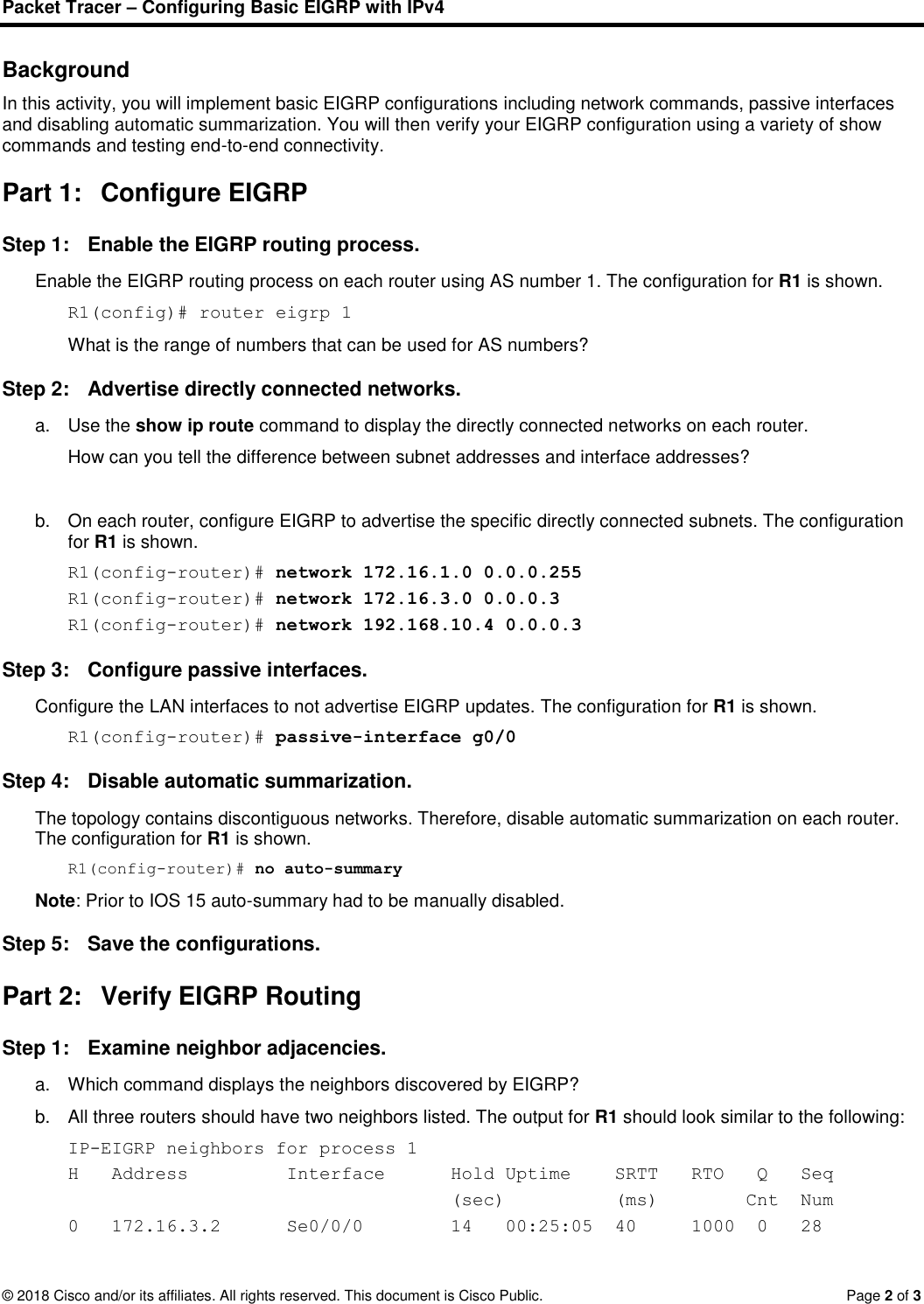 Page 2 of 3 - 6.2.2.4 Packet Tracer - Configuring Basic EIGRP With IPv4 Instructions